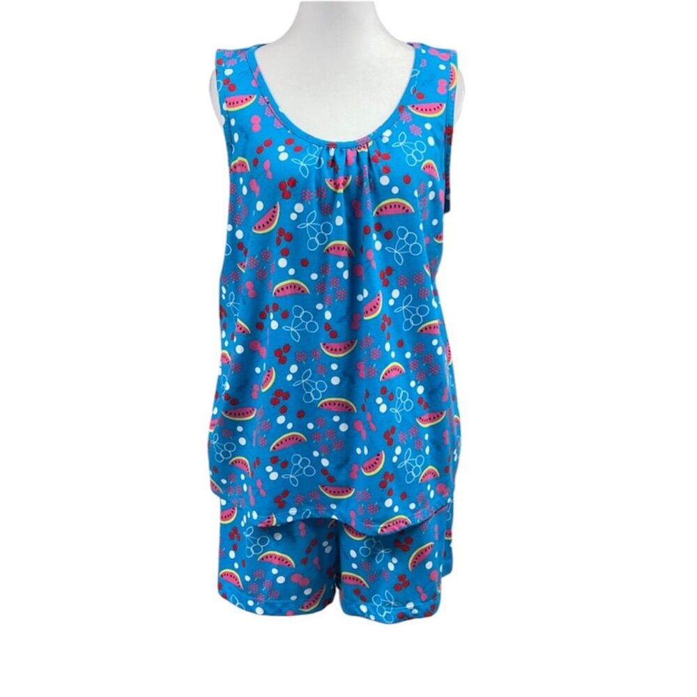Simply Basic Fruit Novelty Tank Shorts PJ Lounge Set Sz L Blue